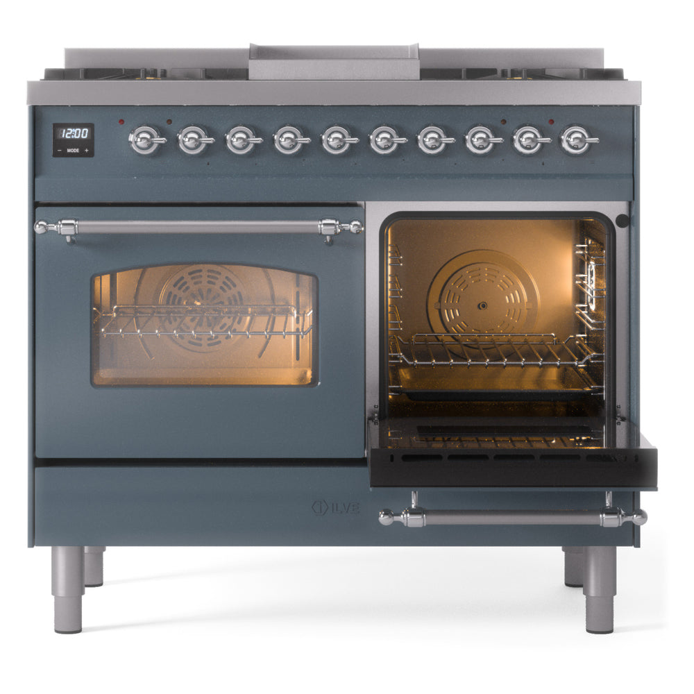 Blue grey freestanding range with one oven door open, chrome trim and knobs