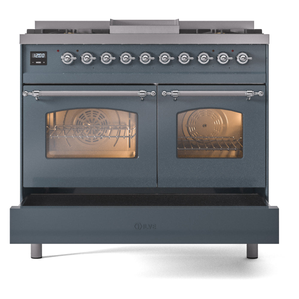 Freestanding dual-fuel range in blue-grey with chrome controls and closed oven doors