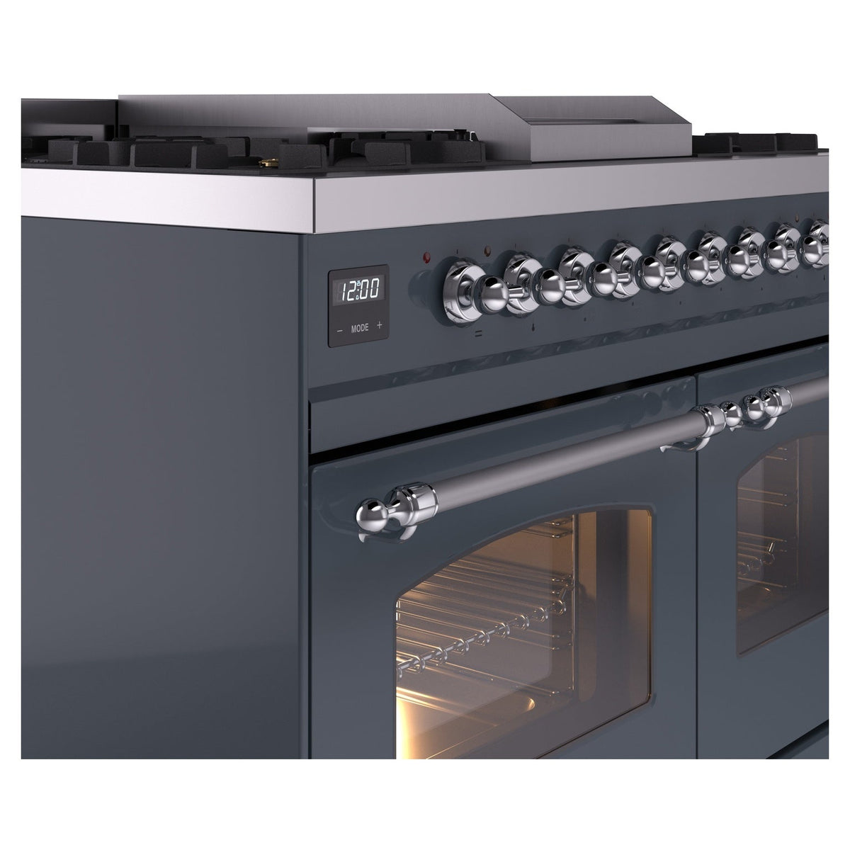 Freestanding dual-fuel range control panel with chrome knobs and oven door window