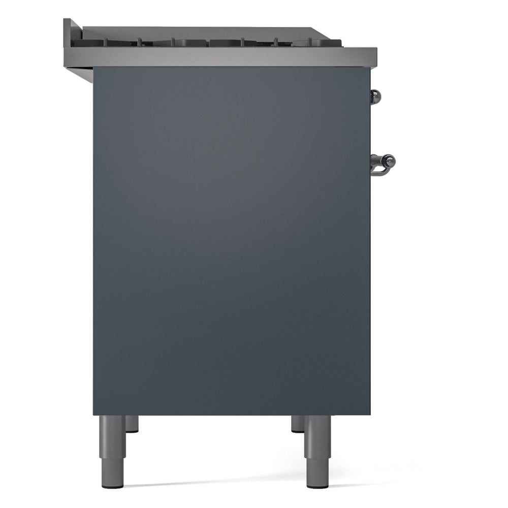 Freestanding dual-fuel range side panel in blue-grey with adjustable legs