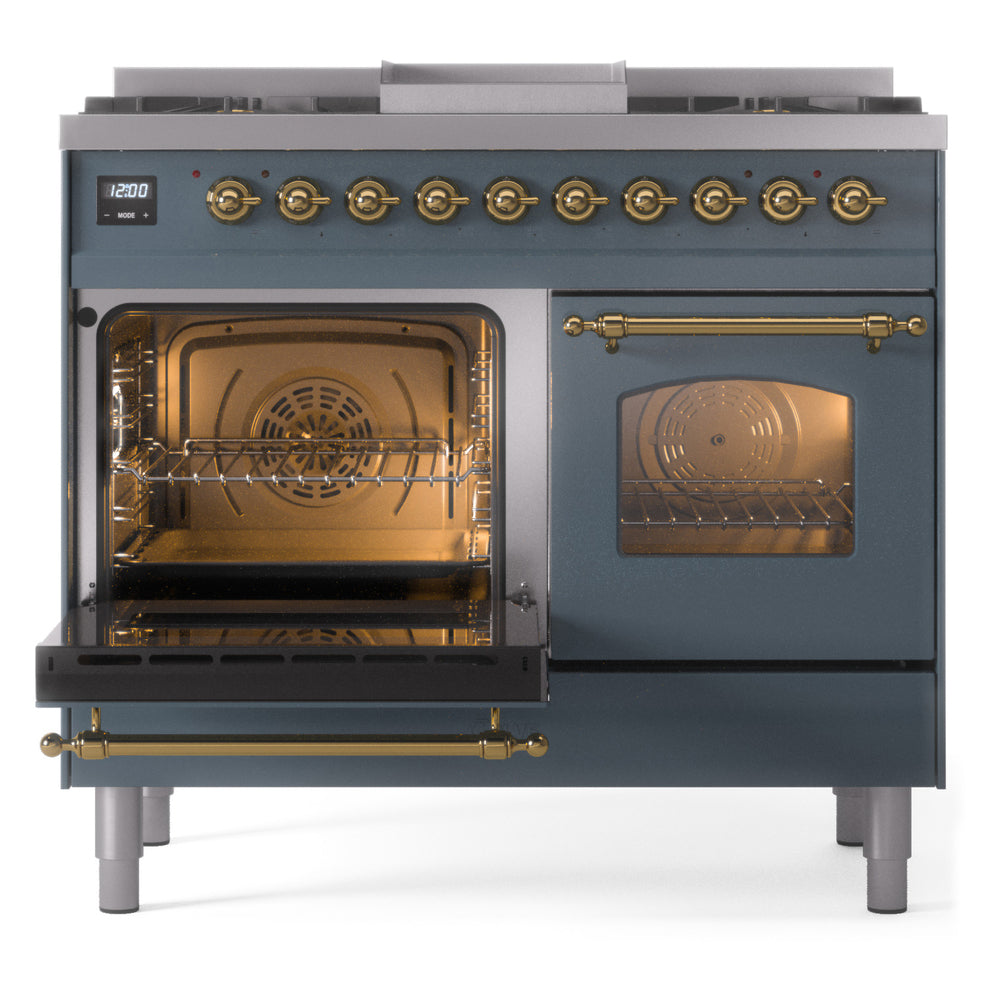 Blue grey freestanding range front view with open left oven door and right oven glass window
