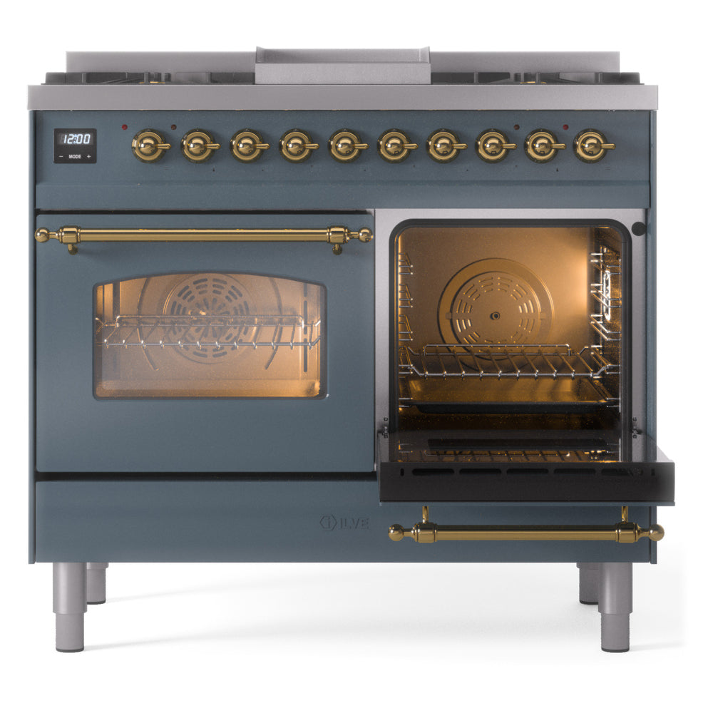 Blue grey dual-fuel range with left oven open and lit, brass trim and handle bar