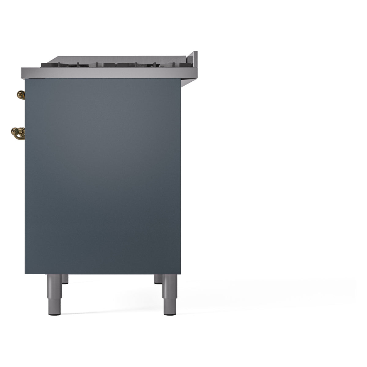 Blue grey range back panel with brass side handles and four legs