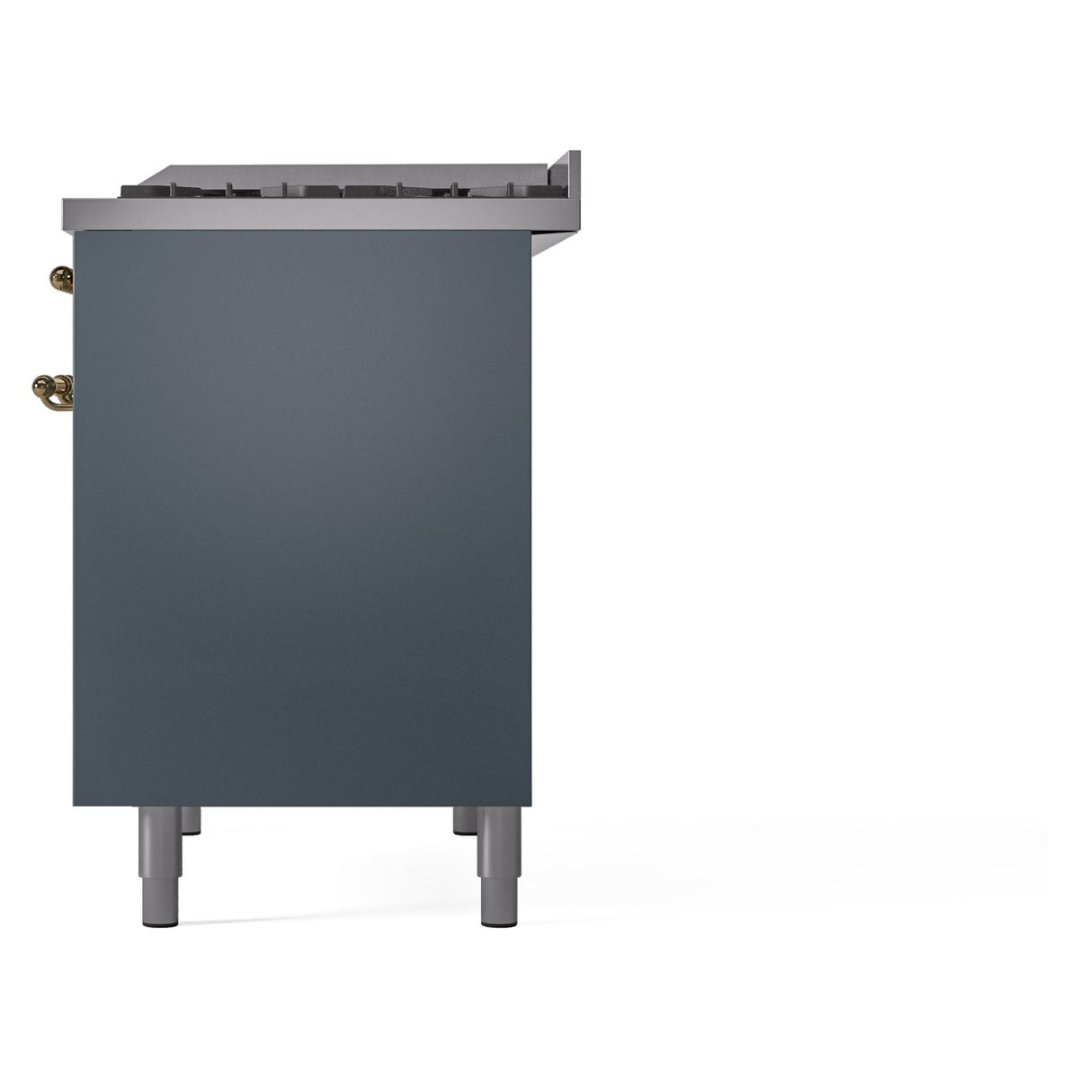 Blue grey freestanding range side panel with brass handle detail and four cabinet legs