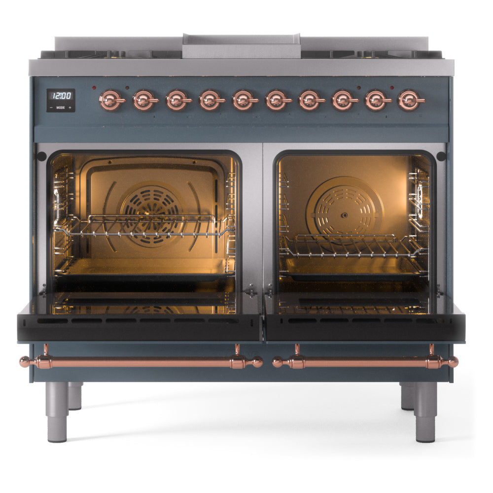 Blue gray dual fuel range with copper controls and both ovens open with racks visible