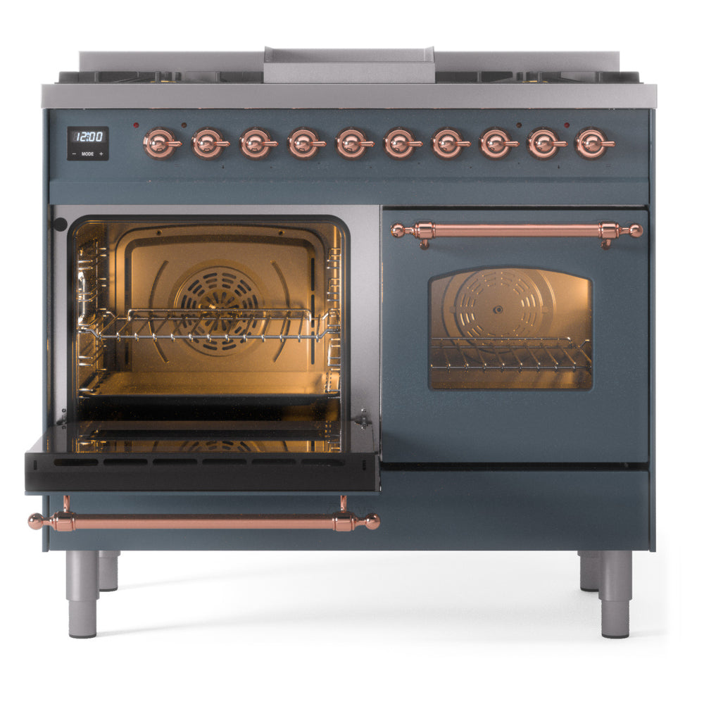 Blue gray dual fuel range with left oven open and right glass door closed