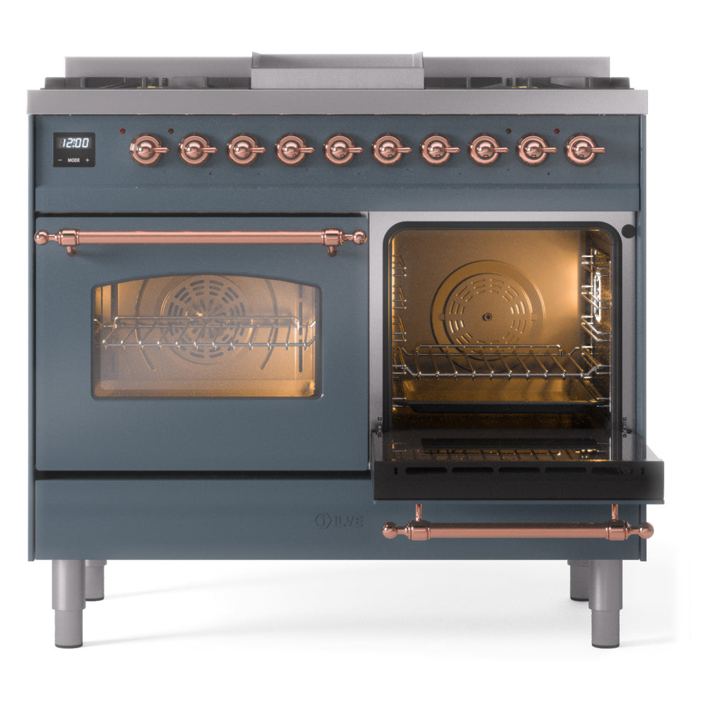 Blue gray dual fuel range with right oven open and left glass door closed