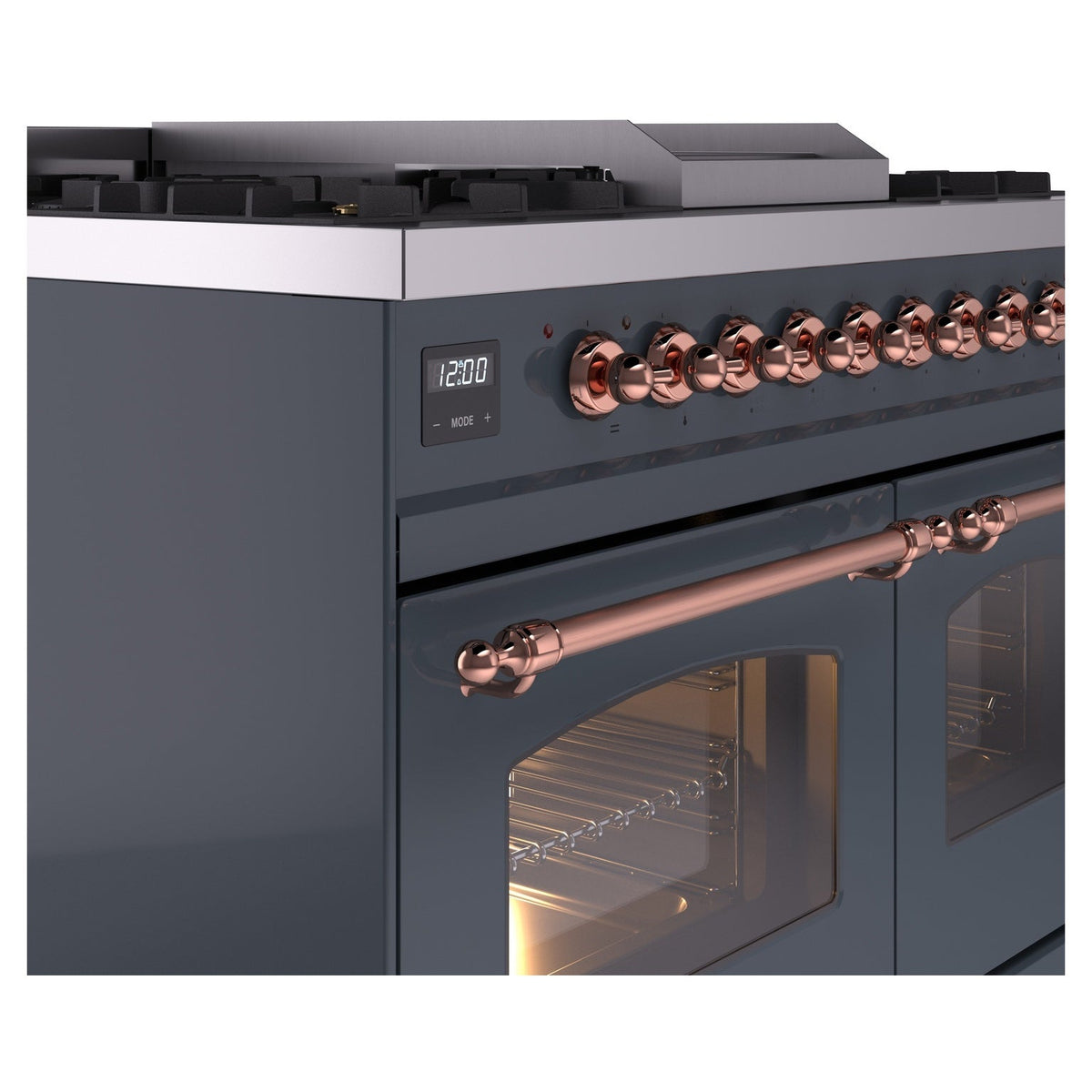 Blue grey freestanding range with copper control panel and oven door window detail
