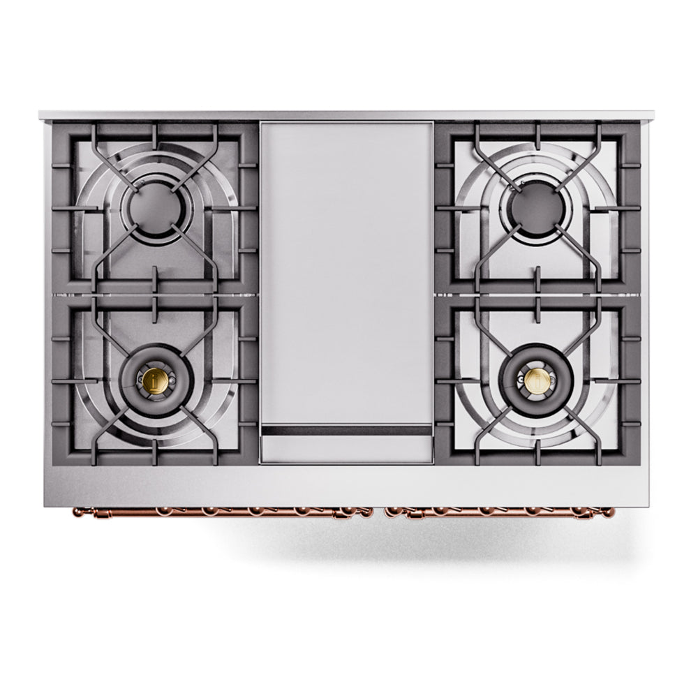 Dual fuel range cooktop top view with four burners and black grates