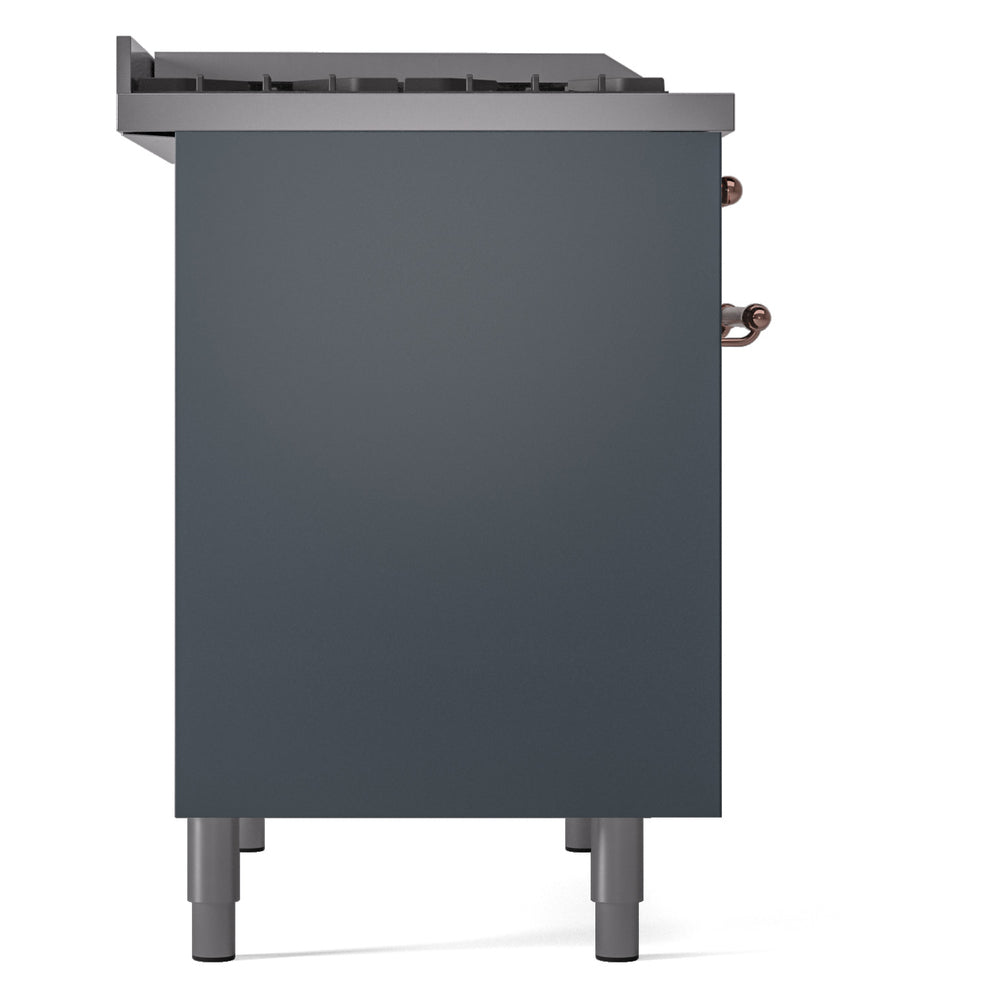 Blue gray freestanding dual fuel range left side panel with copper control knobs