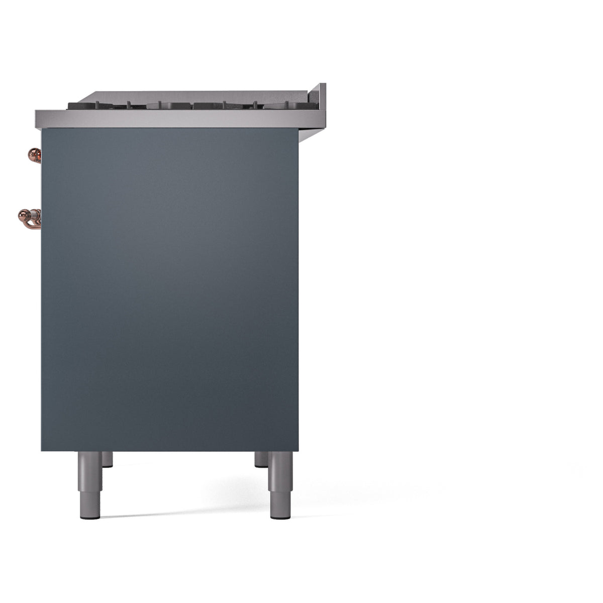 Blue gray freestanding dual fuel range right side panel with copper control knobs