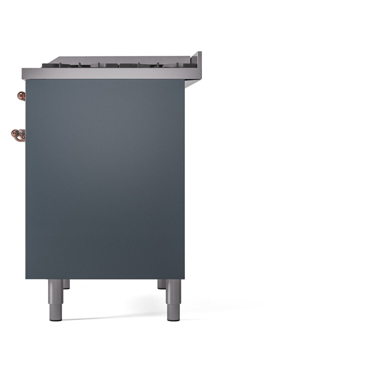 Rear-side view of blue grey freestanding dual-fuel range with copper control knobs and legs