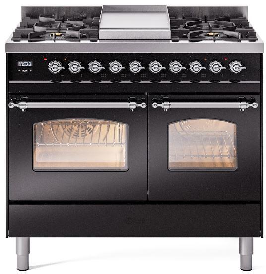 Glossy black dual fuel freestanding range with chrome knobs and two oven windows
