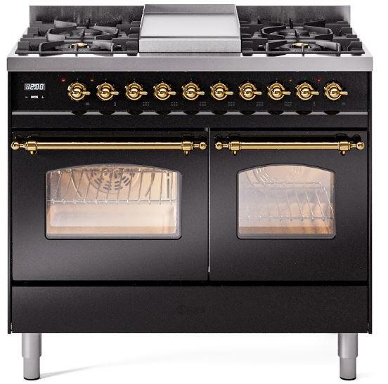 Dual-fuel freestanding range front with brass knobs, oven windows, glossy black finish