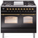 ILVE Nostalgie II 40-Inch Freestanding Natural Gas Dual Fuel Range in Glossy Black with Brass Trim (UPD40FNMPBKG)