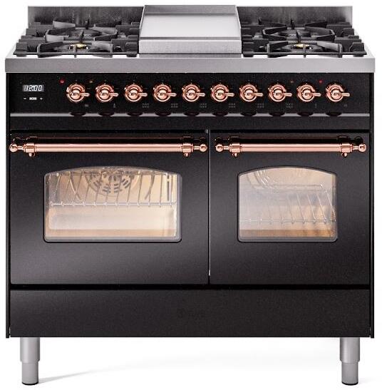 Glossy black freestanding dual-fuel range front with control knobs and two oven doors