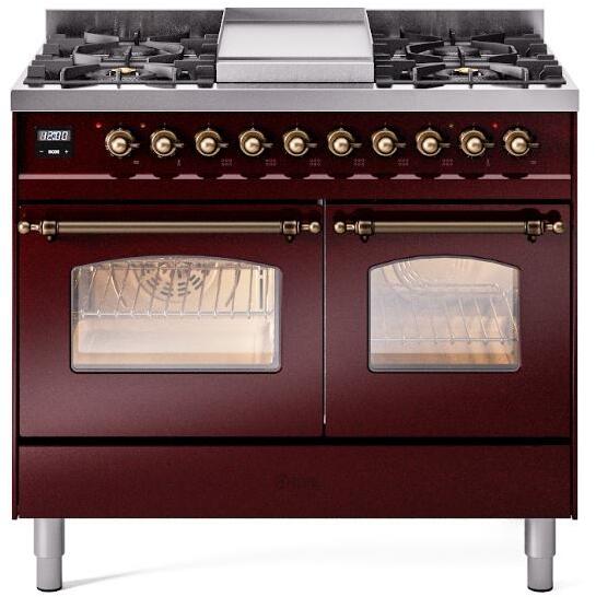 Burgundy dual-fuel freestanding range with bronze knobs and two glass oven doors