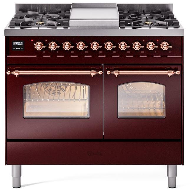 Burgundy dual fuel range with copper control knobs and two glass oven doors