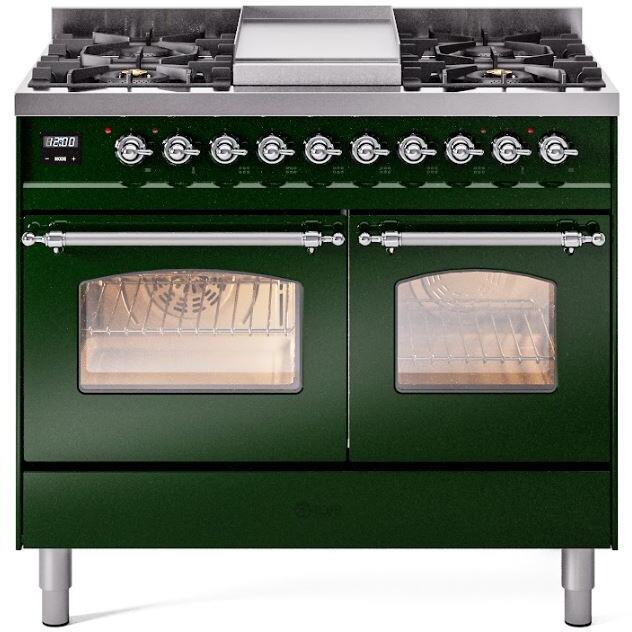 Emerald green dual fuel freestanding range front view with four burners and two oven windows