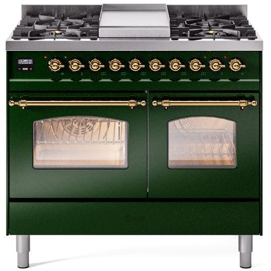 Emerald green freestanding dual fuel range front with brass knobs and oven glass windows