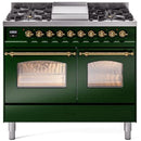 ILVE Nostalgie II 40-Inch Dual Fuel Freestanding Range in Emerald Green with Brass Trim (UPD40FNMPEGGLP)