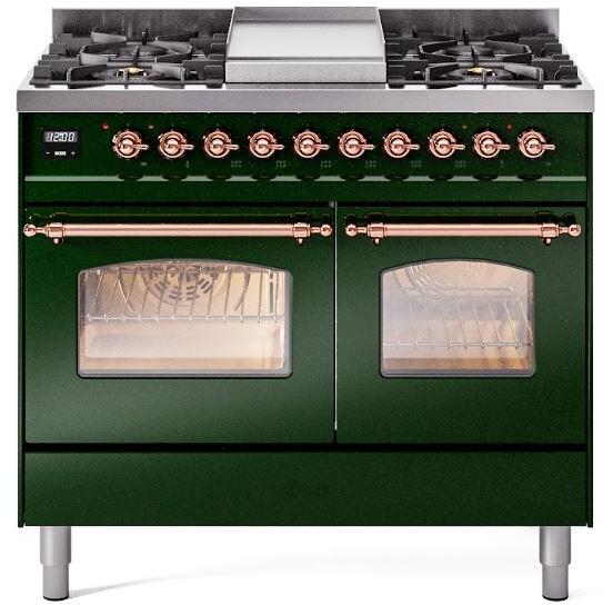 Emerald green freestanding dual fuel range with copper knobs and twin oven windows