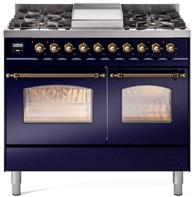 Midnight blue dual-fuel freestanding range with bronze knobs, grates, and two oven windows