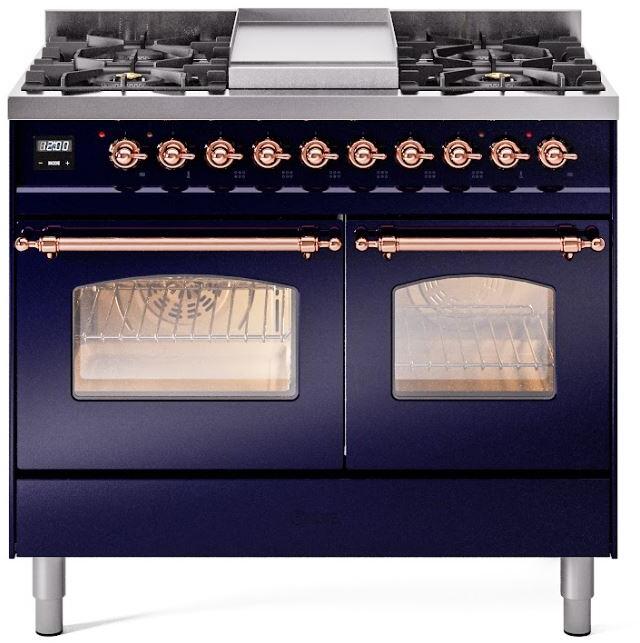 Dual fuel range front with two oven doors, glass windows, control knobs, midnight blue