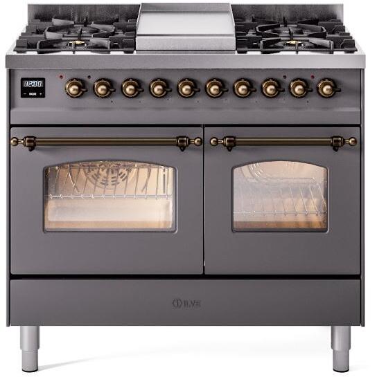 ILVE dual fuel range front with brass knobs, twin oven windows, and bronze handles