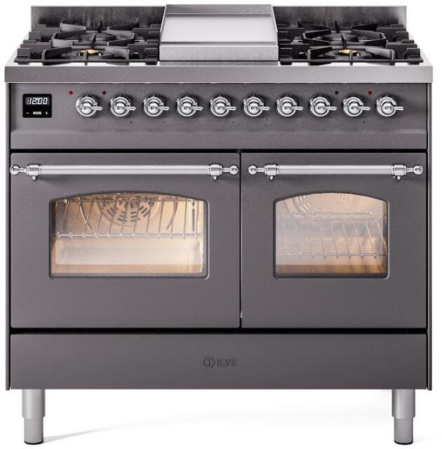 Freestanding dual-fuel range in matte graphite with chrome-trim knobs and double ovens