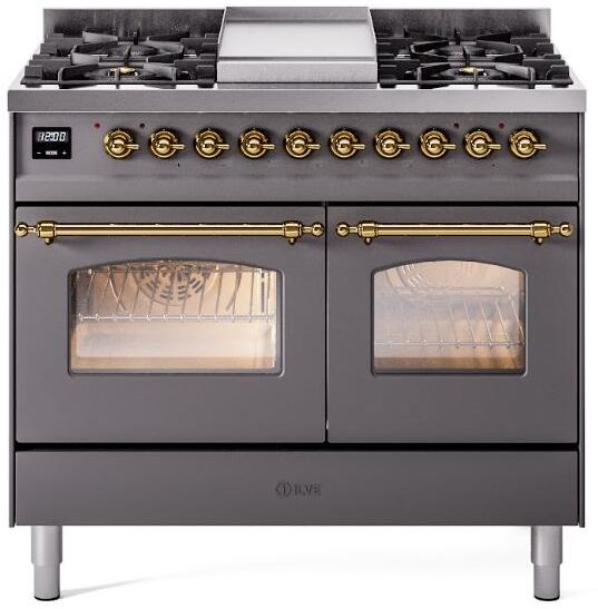 Dual-fuel range front with brass knobs, four burners, and glass oven doors