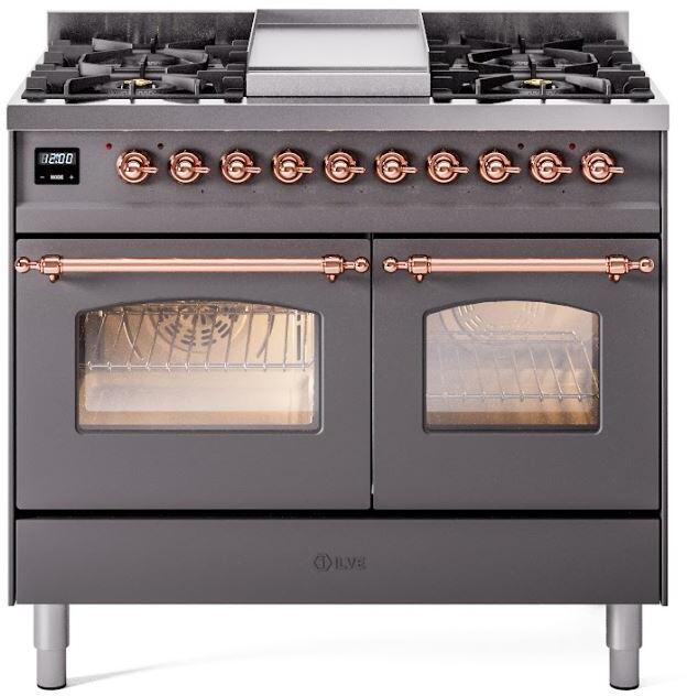 Dual-fuel freestanding range front with copper control knobs, twin glass oven doors