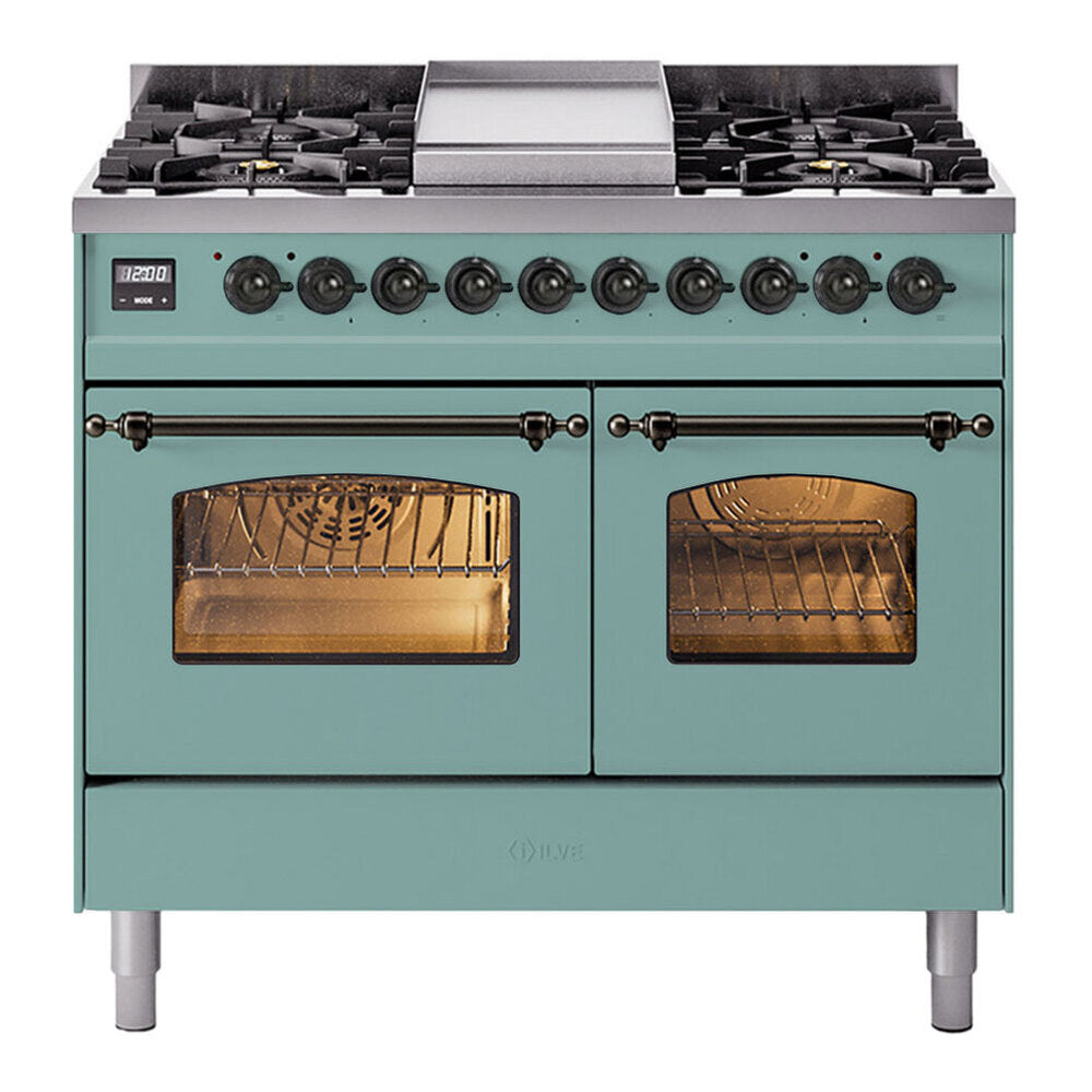 ILVE Nostalgie II 40-Inch Freestanding Natural Gas Dual Fuel Range in Mediterranean Mint with Burnished Bronze Trim (UPD40FNMPMMB)