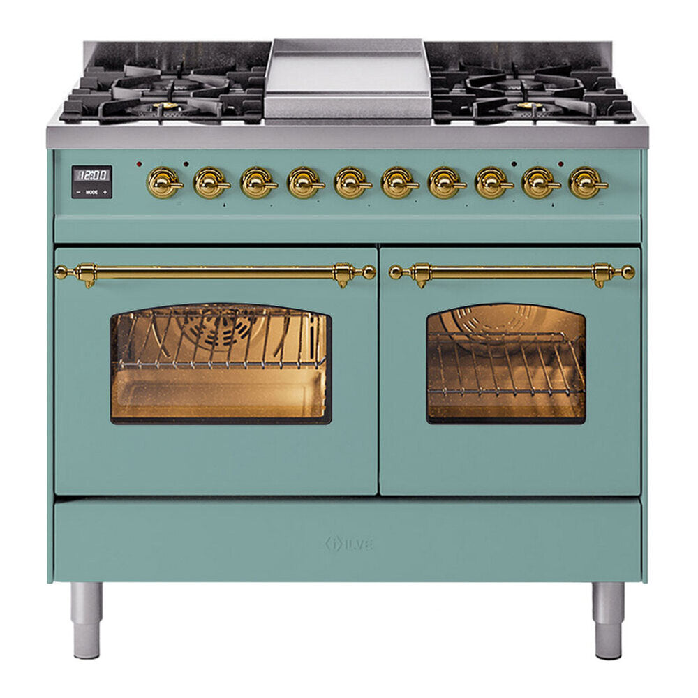 ILVE Nostalgie II 40-Inch Freestanding Propane Gas Dual Fuel Range in Mediterranean Mint with Brass Trim (UPD40FNMPMMGLP)