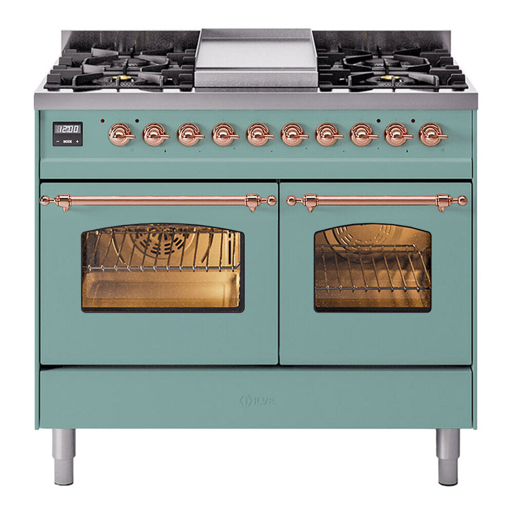 ILVE Nostalgie II 40-Inch Freestanding Propane Gas Dual Fuel Range in Mediterranean Mint with Copper Trim (UPD40FNMPMMPLP)