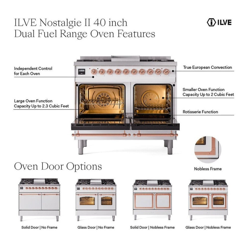 ILVE Nostalgie II 40-Inch Freestanding Natural Gas Dual Fuel Range in Mediterranean Mint with Copper Trim (UPD40FNMPMMP)