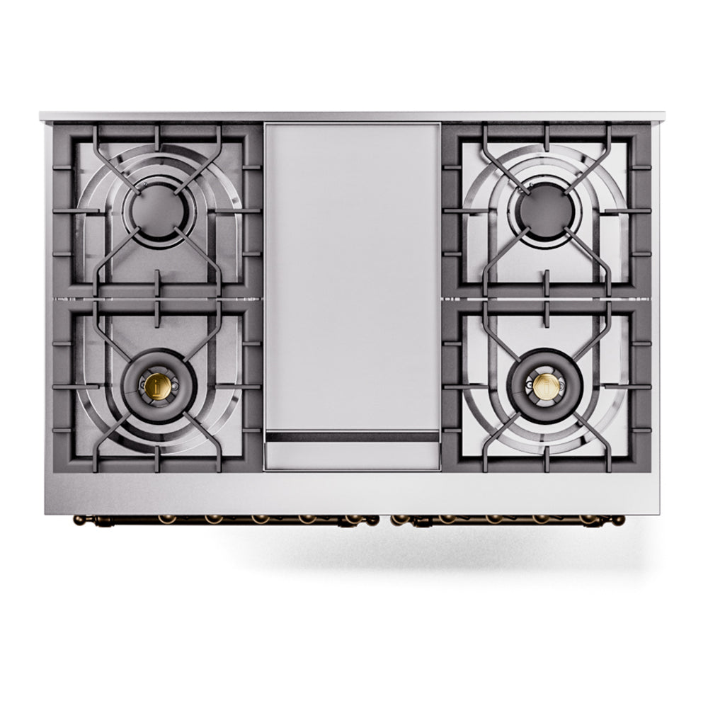 Dual fuel range cooktop top view with four burners and cast-iron style grates