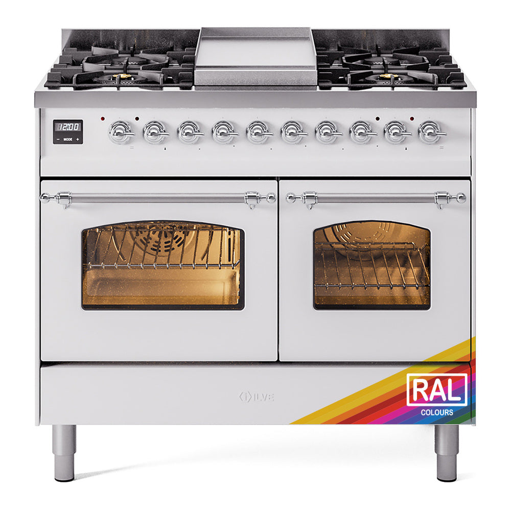 Dual-fuel freestanding range front with chrome knobs and two glass oven doors