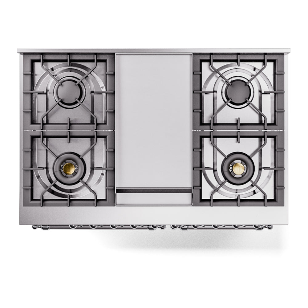 Freestanding range cooktop frame with four gas burners and metal burner grates