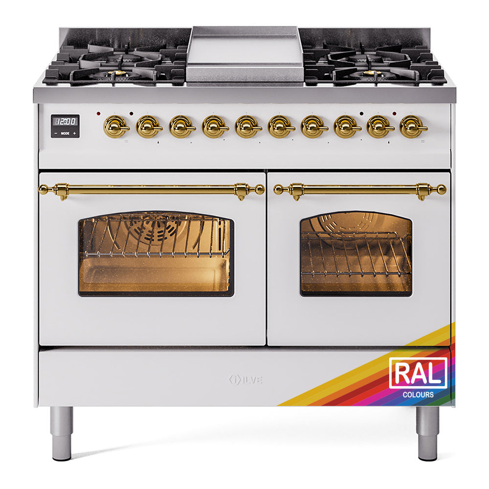 Dual fuel freestanding range front view with brass knobs, twin ovens, and RAL label