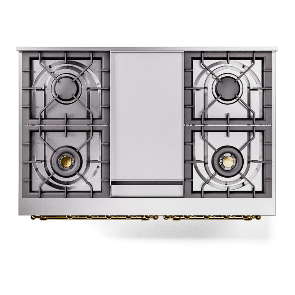 Dual fuel range cooktop with four gas burners and brass-trim burner details