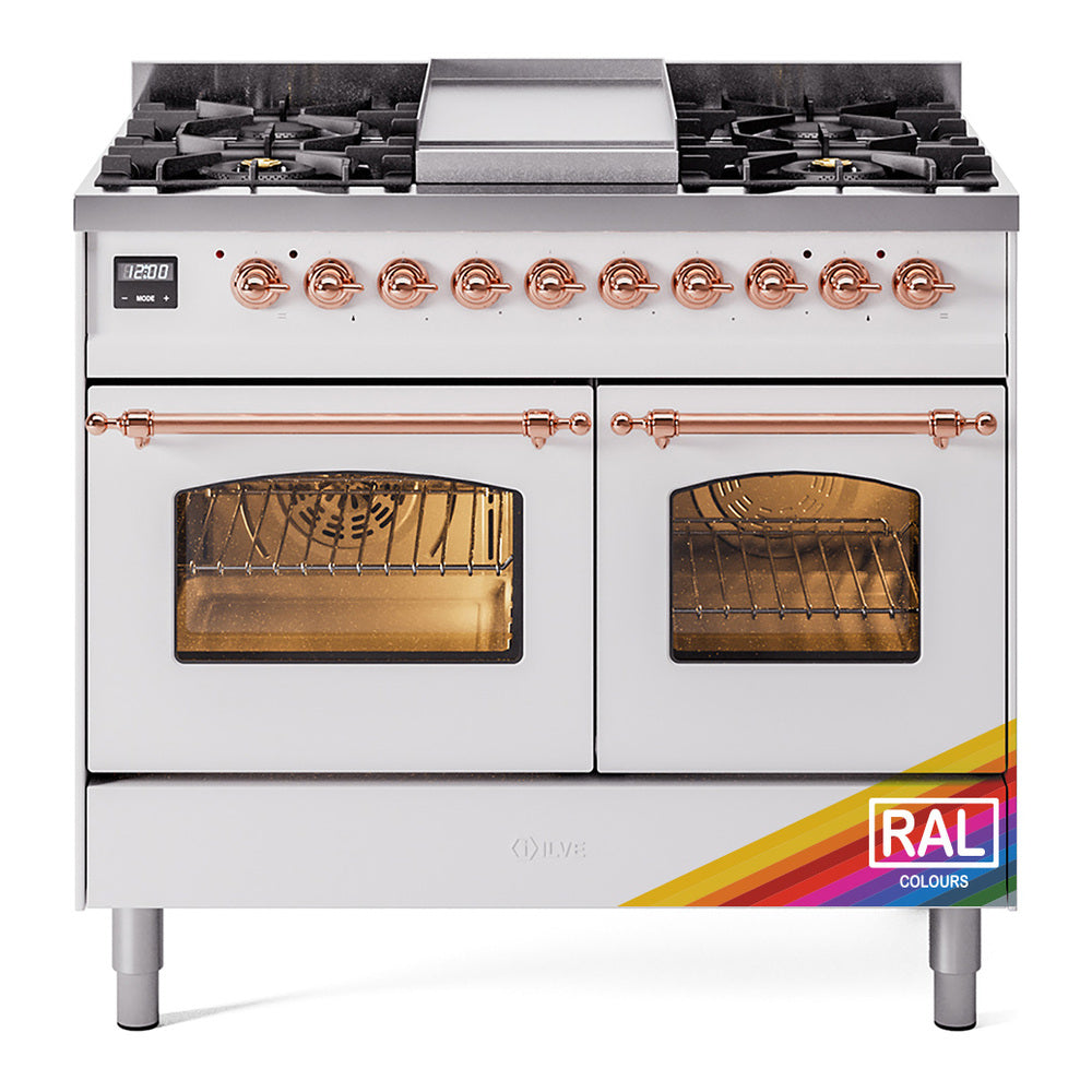 Dual-fuel freestanding range with copper-trim knobs and two glass oven doors