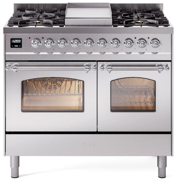 Stainless steel freestanding dual-fuel range with four burners and dual ovens