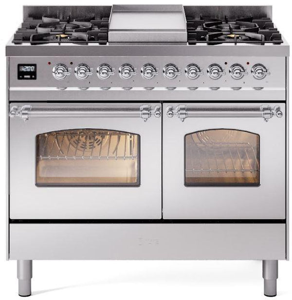 ILVE Nostalgie II 40-Inch Dual Fuel Freestanding Range in Stainless Steel with Chrome Trim (UPD40FNMPSSC)