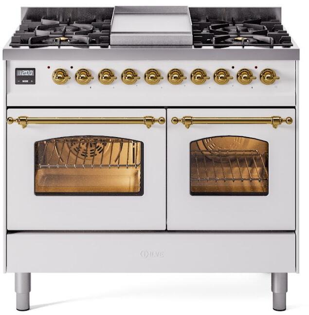 White freestanding range with brass knobs, two oven doors, and glass oven windows