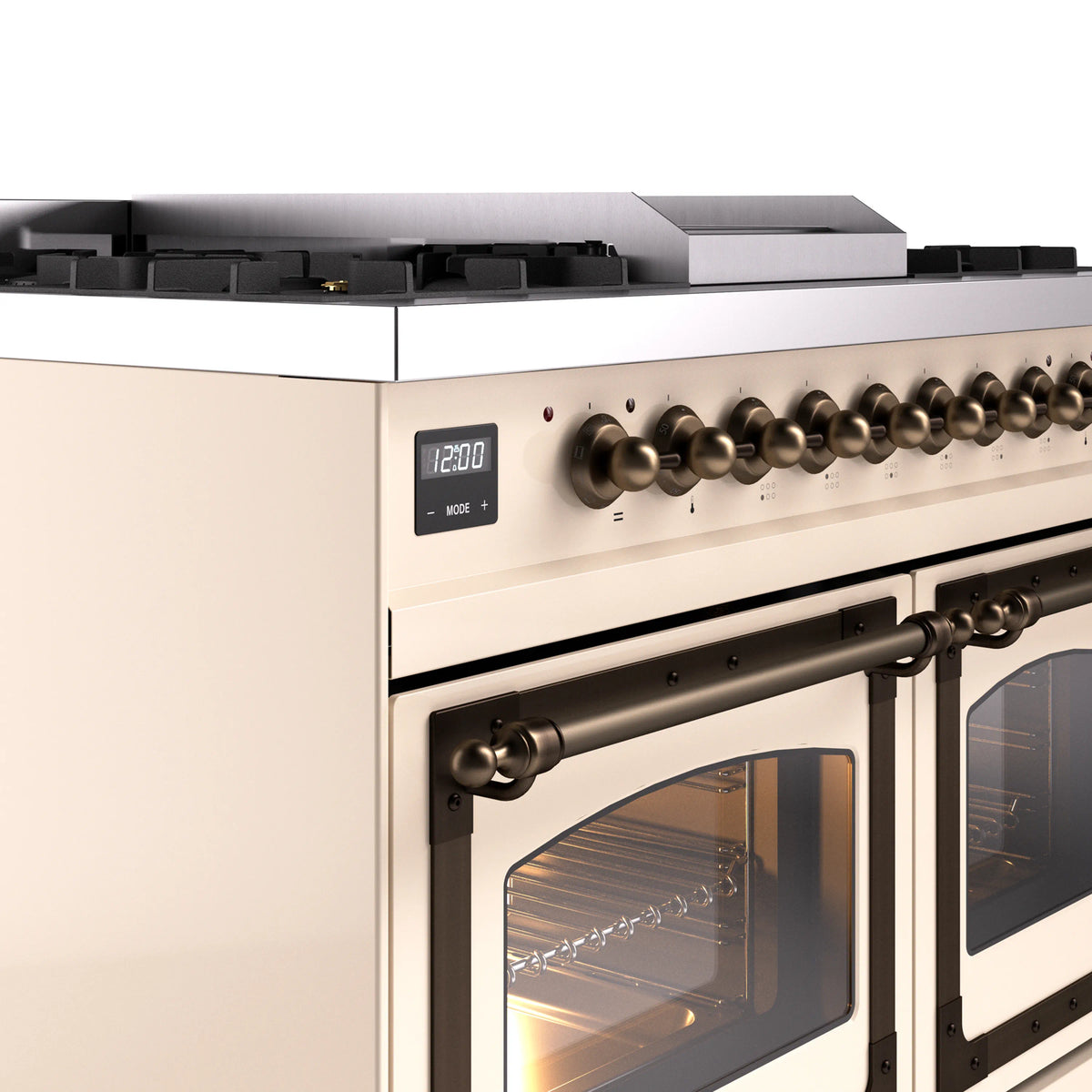 ILVE dual fuel range close-up of bronze knobs and open oven door