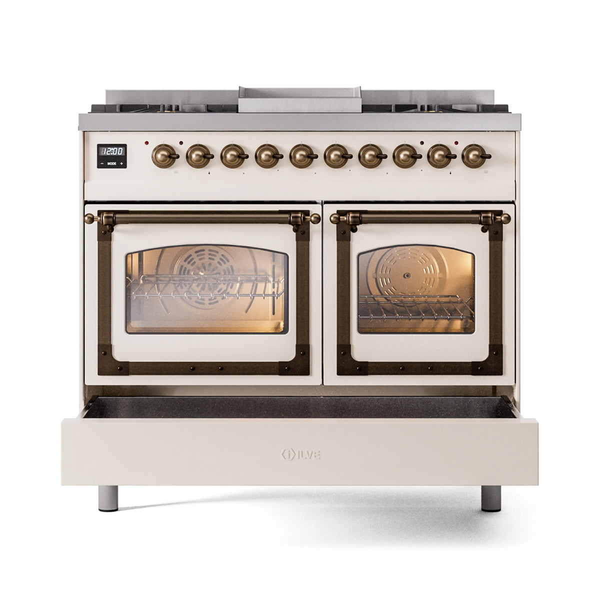 ILVE antique white dual fuel range with twin oven doors and bronze control knobs