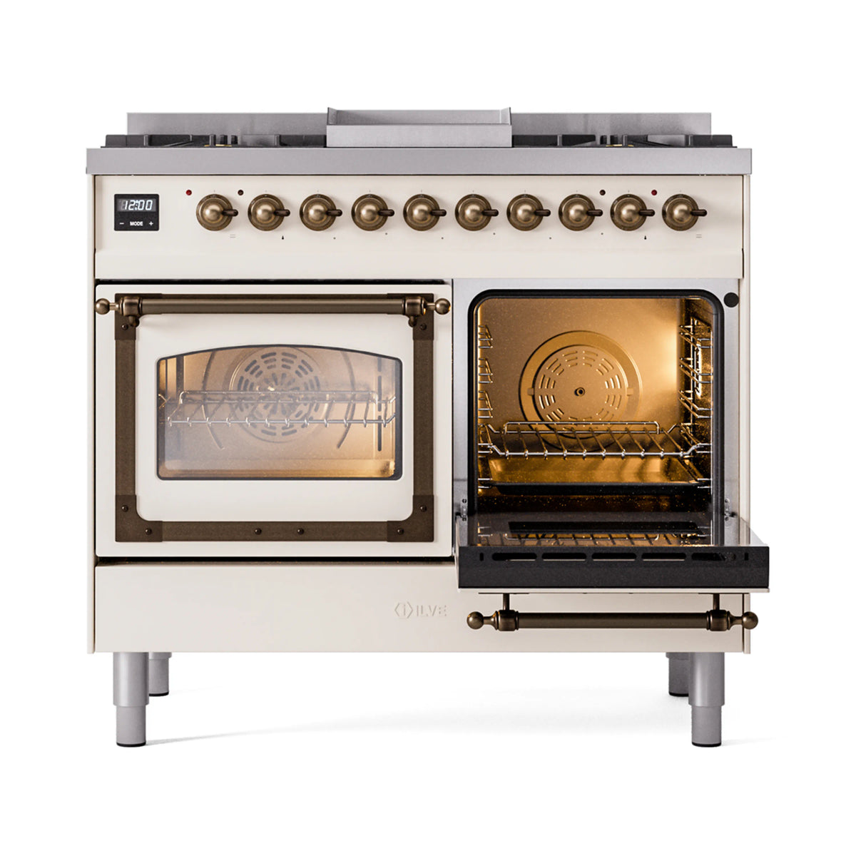 ILVE dual fuel range with left oven glass door and right oven door open