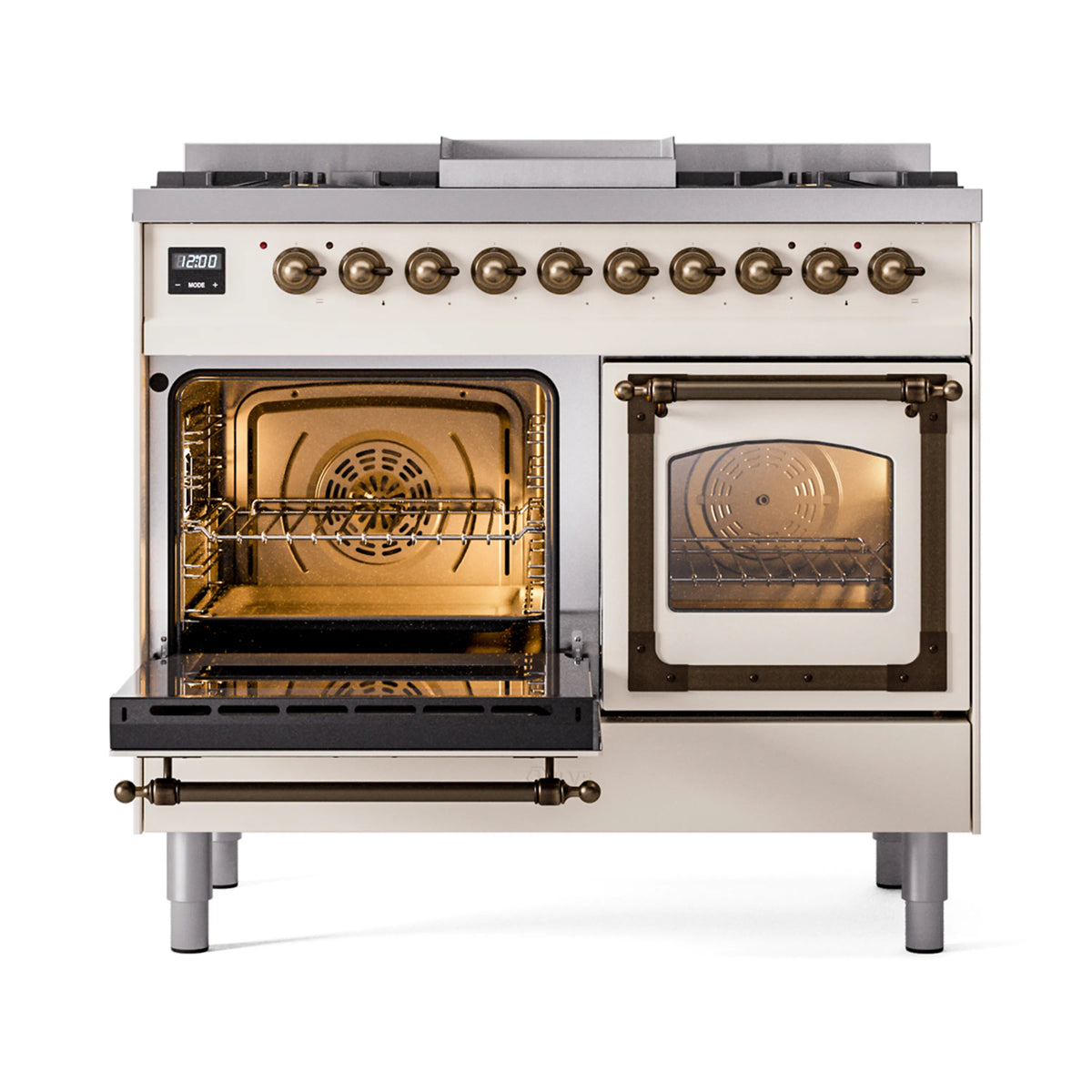 ILVE dual fuel range showing open ovens, interior lights, and wire baking racks