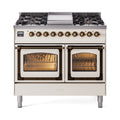 ILVE 40-Inch Nostalgie II Noblesse Natural Gas Dual Fuel Range with Triple Glass Door Oven in Antique White with Bronze Trim (UND40FNMPAWB)